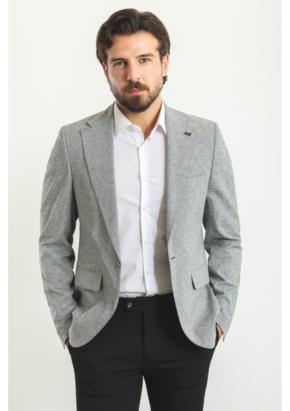 Kareli Lacivert Renk Slim Fit Mono Yaka Keten Erkek Ceket modelleri