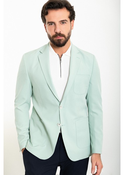 Düz Mint Yeşili Slim Fit Torba Cep Mono Yaka Erkek Ceket