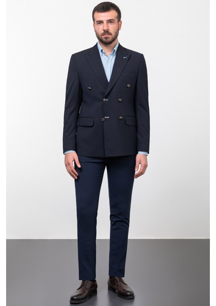 Çizgili Lacivert Renk Slim Fit Geniş Yaka Kruvaze Erkek Ceket