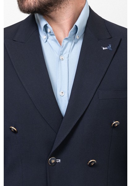 Çizgili Lacivert Renk Slim Fit Geniş Yaka Kruvaze Erkek Ceket