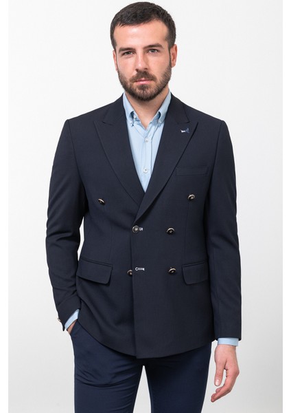 Çizgili Lacivert Renk Slim Fit Geniş Yaka Kruvaze Erkek Ceket
