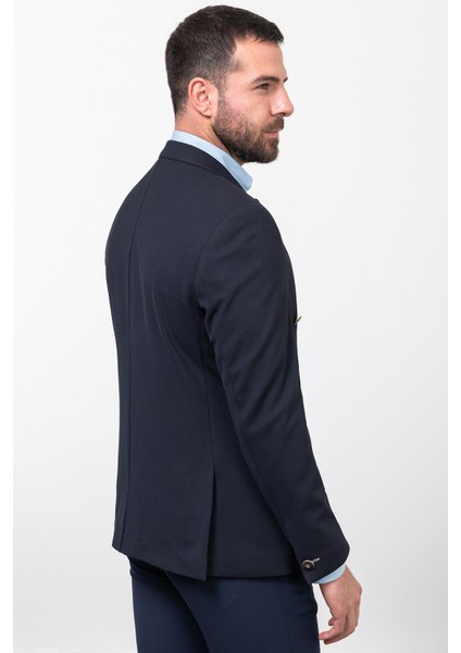 Çizgili Lacivert Renk Slim Fit Geniş Yaka Kruvaze Erkek Ceket