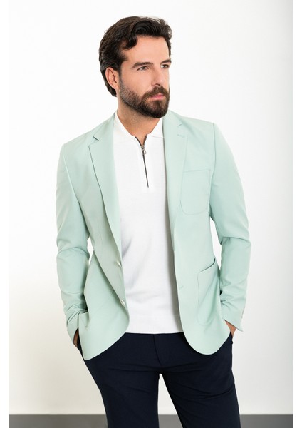 Düz Mint Yeşili Slim Fit Torba Cep Mono Yaka Erkek Ceket