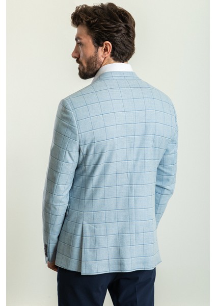 Ekoseli Mavi Renk Slim Fit Mono Yaka Erkek Ceket