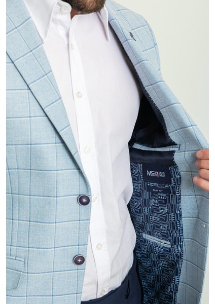 Ekoseli Mavi Renk Slim Fit Mono Yaka Erkek Ceket
