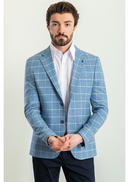 Ekoseli Saks Rengi Slim Fit Mono Yaka Erkek Ceket