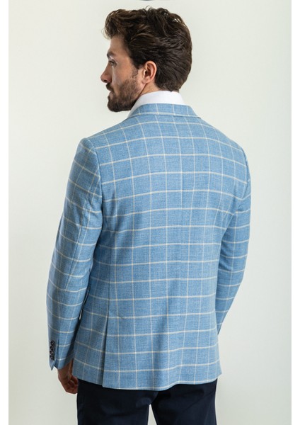 Ekoseli Saks Rengi Slim Fit Mono Yaka Erkek Ceket indirimleri
