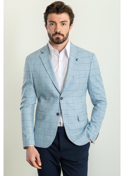 Ekoseli Mavi Renk Slim Fit Mono Yaka Erkek Ceket
