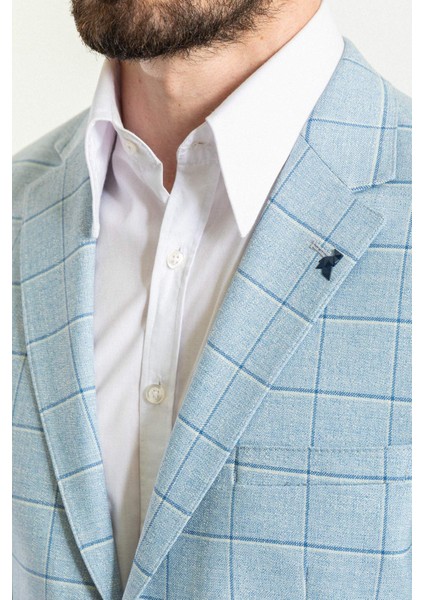 Ekoseli Mavi Renk Slim Fit Mono Yaka Erkek Ceket fiyatları