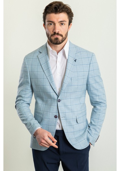 Ekoseli Mavi Renk Slim Fit Mono Yaka Erkek Ceket modelleri