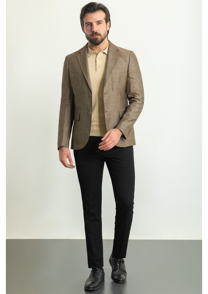 Kareli Kahverengi Slim Fit Mono Yaka Keten Erkek Ceket