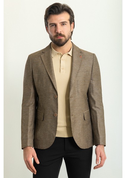 Kareli Kahverengi Slim Fit Mono Yaka Keten Erkek Ceket modelleri