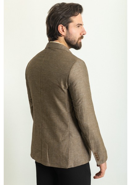 Kareli Kahverengi Slim Fit Mono Yaka Keten Erkek Ceket fırsatları