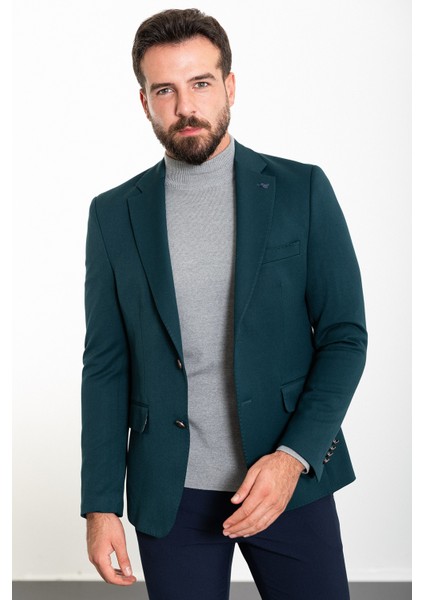 Düz Zümrüt Rengi Slim Fit Mono Yaka Erkek Ceket