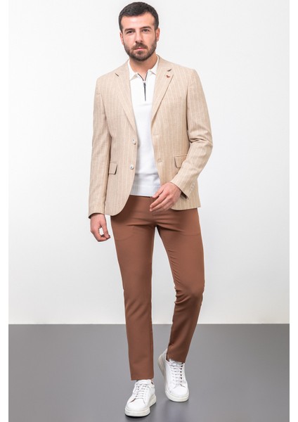 Çizgili Bej Rengi Slim Fit Mono Yaka Keten Erkek Ceket
