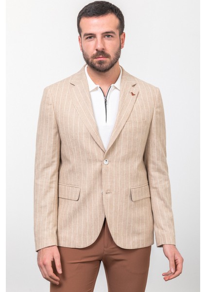 Çizgili Bej Rengi Slim Fit Mono Yaka Keten Erkek Ceket