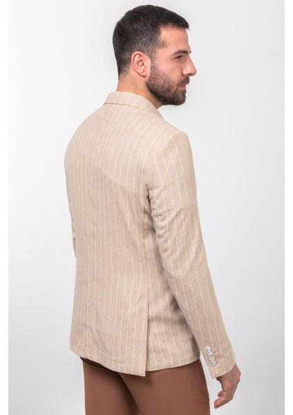 Çizgili Bej Rengi Slim Fit Mono Yaka Keten Erkek Ceket