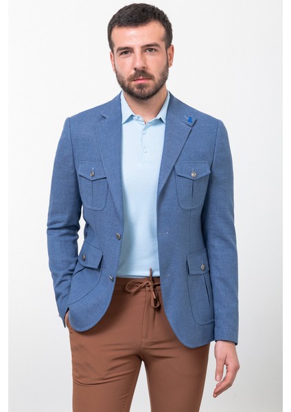 Kırçıllı Slim Fit Torba Cep Mono Yaka Keten Erkek Ceket