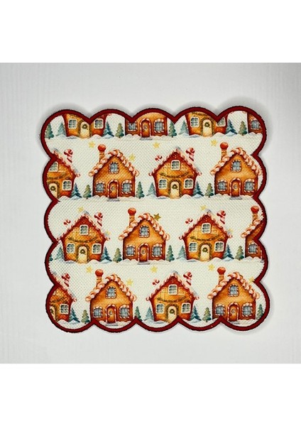 Yılbaşı Kurabiye Ev Desenli Etrafı Nakışlı Kokteyl Peçetesi Yıkanabilir