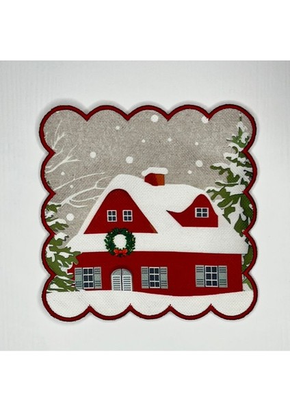 Yılbaşı Ev Desenli Etrafı Nakışlı Dijital Baskılı Yıkanabilir Kokteyl Peçetesi