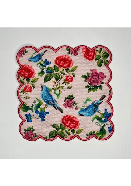 Nakışlı Pembe Zemin Kuş Desenli Dijital Baskılı Kokteyl Peçetesi Yıkanabilir