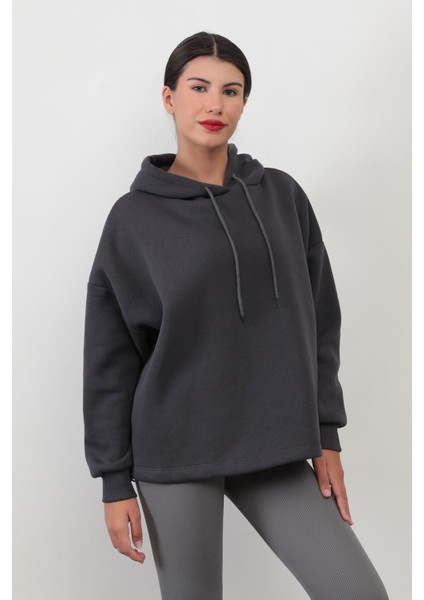 Kadın Kapüşonlu Sweatshirt Füme Şardonlu Eteği Stoperli 3İp Kumaş Ribanalı Oversize Hoodie - 5085