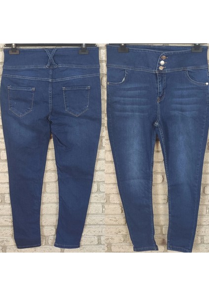 Pileli Store Yüksek Bel Likralı Jean Pantolon