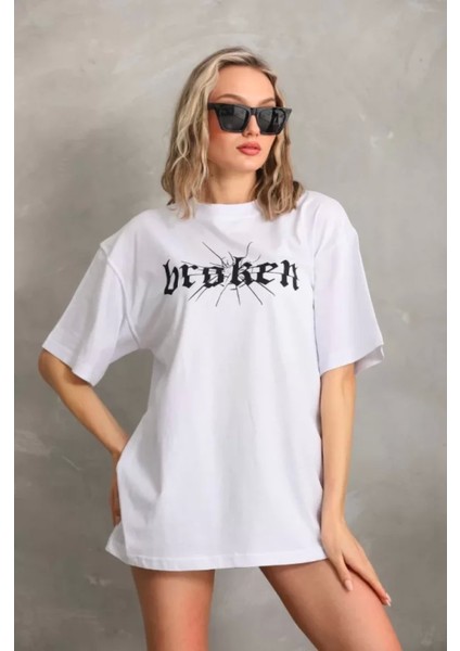 Pileli Store Unisex Baskılı Oversize T-Shirt - Beyaz