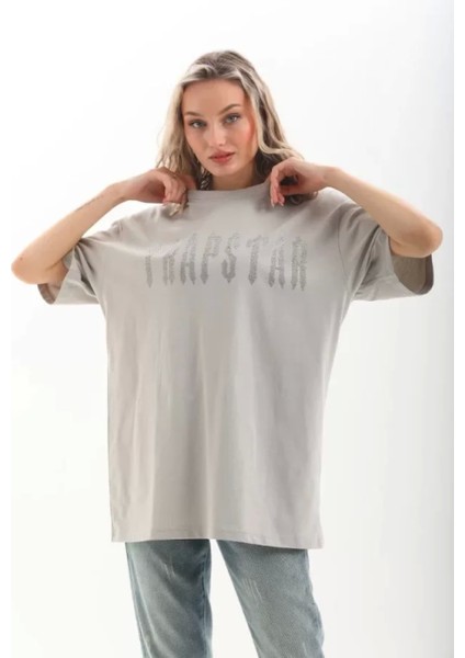 Pileli Store Unisex Taş Desenli Oversize T-Shirt - Gri