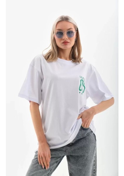 Baskılı Oversize T-Shirt - Beyaz