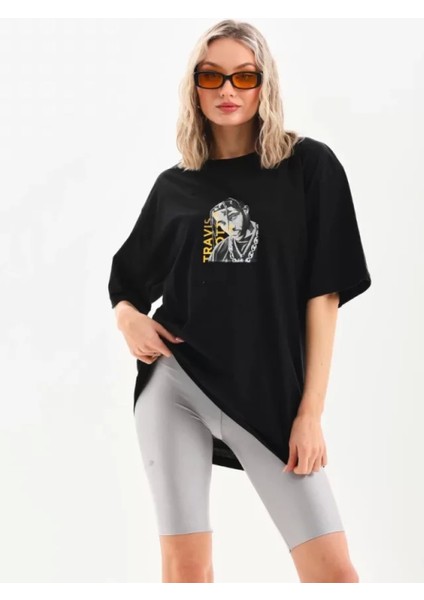 Pileli Store Unisex Baskılı Oversize T-Shirt - Siyah