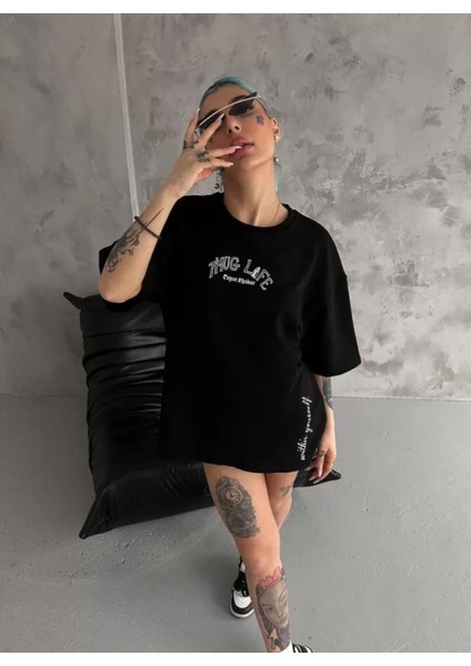 Pilelistore Unisex Baskılı Oversize T-Shirt - Siyah