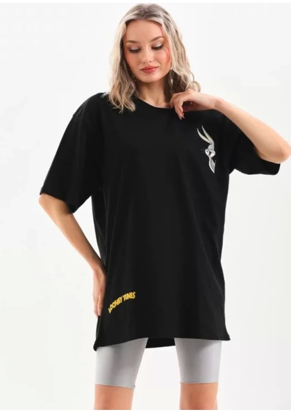 Pileli Store Unisex Baskılı Oversize T-Shirt - Siyah