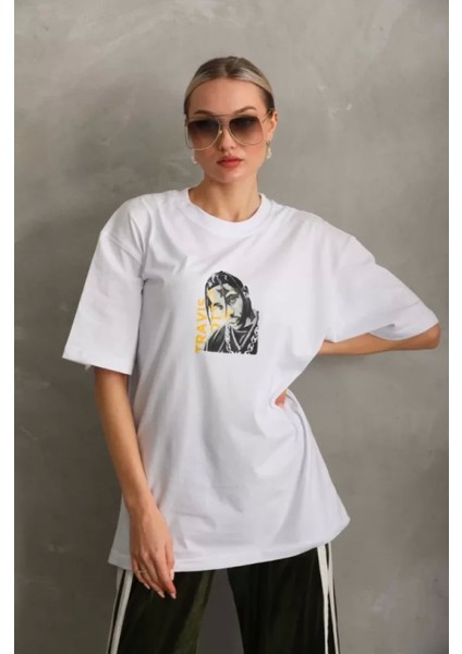 Pileli Store Unisex Baskılı Oversize T-Shirt - Beyaz