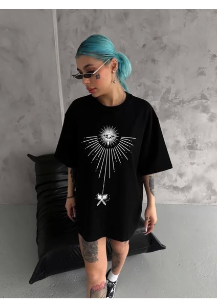 Pileli Store Unisex Bisiklet Yaka Baskılı Oversize T-Shirt - Siyah