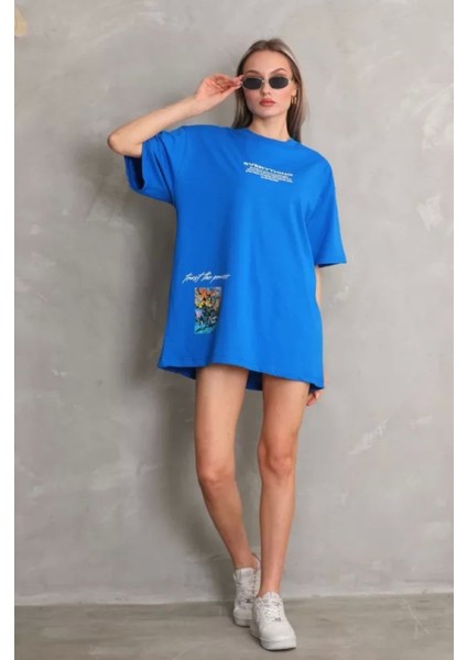 Pileli Store   Bisiklet Yaka Baskılı Oversize T-Shirt - Mavi