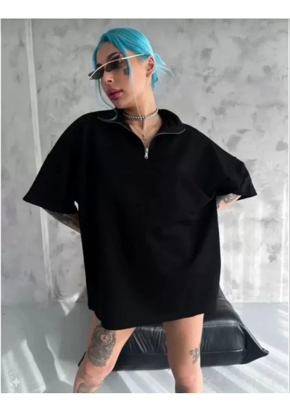 Pileli Store Unisex Yarım Fermuarlı Düz Oversize T-Shirt - Siyah