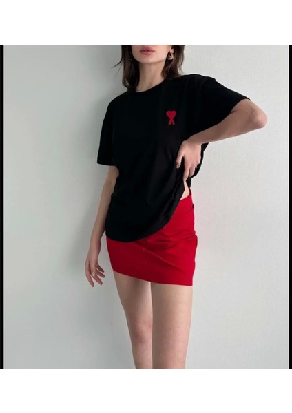 Pileli Store Unisex Bisiklet Yaka Baskılı Oversize T-Shirt - Siyah