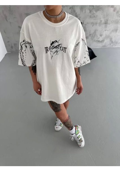 Pileli Store Unisex Bisiklet Yaka Baskılı Oversize T-Shirt - Beyaz