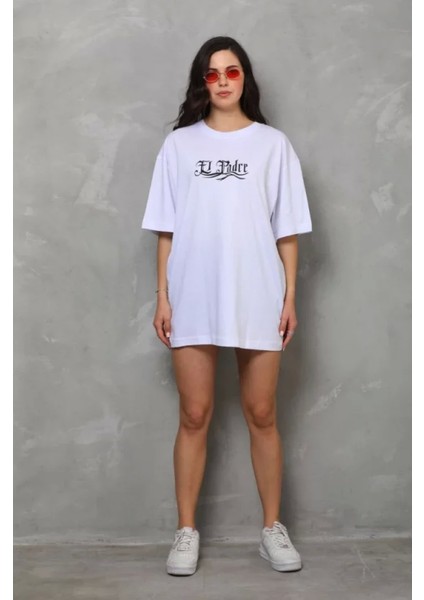 Bisiklet Yaka Baskılı Oversize T-Shirt - Beyaz