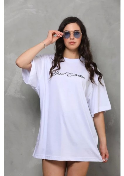 Bisiklet Yaka Baskılı Oversize T-Shirt - Beyaz