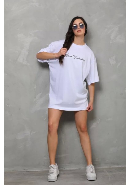 Bisiklet Yaka Baskılı Oversize T-Shirt - Beyaz