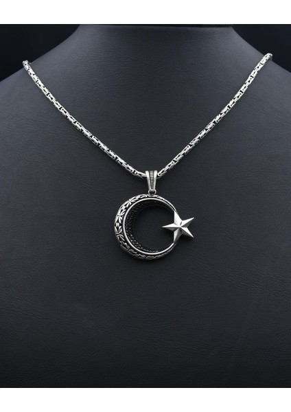 Gümüş Ay Yıldızlı (Ayyıldızlı) Zirkon Taş Süslemeli Kral Zincirli 925 Ayar Gümüş Kolye 901077 fırsatları