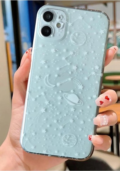 Apple iPhone Modelleri Uyumlu Beyaz Gezegenler Desenli Şeffaf Silikon Kılıf