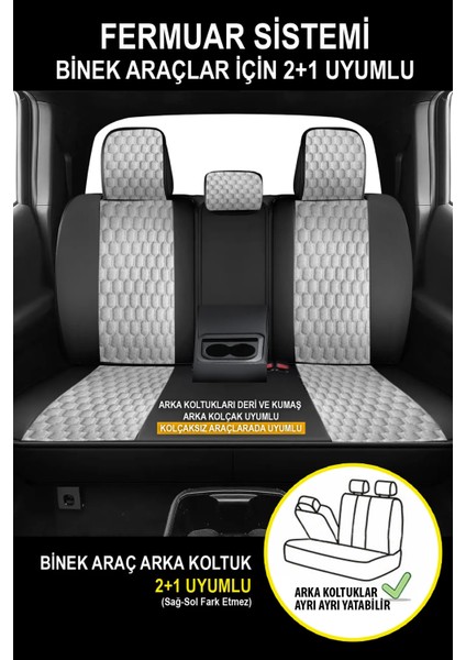 Fiat Stilo Uyumlu Tam Set Pro Lüks Oto Koltuk Kılıfı Deri ve Kabartmalı Gri Kumaş