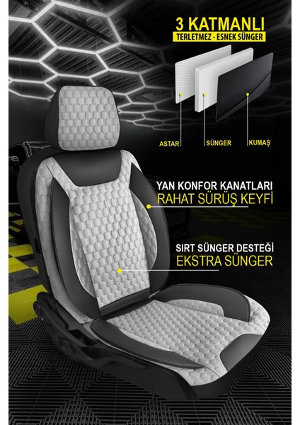 Fiat Stilo Uyumlu Tam Set Pro Lüks Oto Koltuk Kılıfı Deri ve Kabartmalı Gri Kumaş