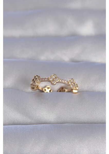 Muı Muı Pirinç Gold Renk Zirkon Taşlı Yonca Model Ayarlanabilir Yüzük