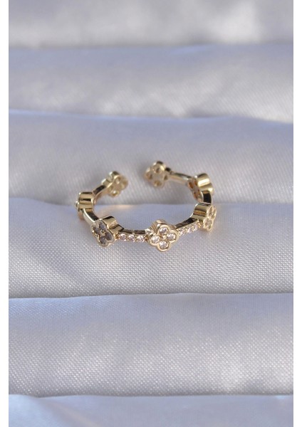 Muı Muı Pirinç Gold Renk Zirkon Taşlı Yonca Model Ayarlanabilir Yüzük fiyatları