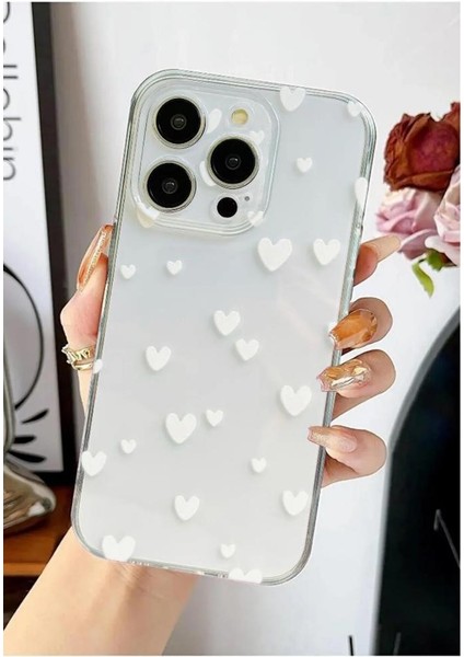 Apple iPhone Modelleri Uyumlu Beyaz Kalpler Desenli Şeffaf Silikon Kılıf
