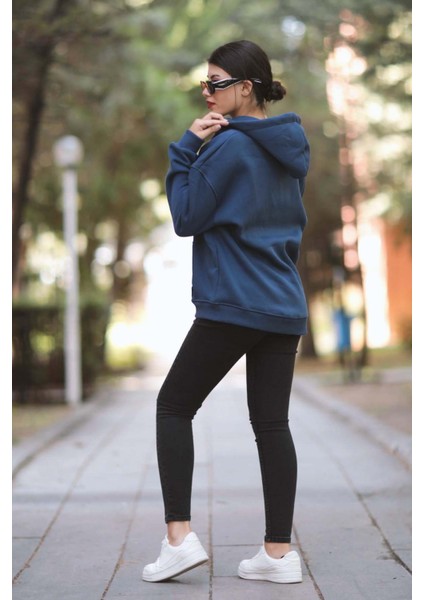 Kadın Fermuarlı Sweatshirt İndigo Şardonlu Oversize Kapüşonlu Hoodie - 9015